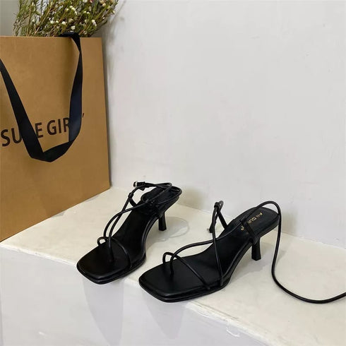 Fashion Thin Narrow Band Strap Gladiator Tied Wing Heel Sandals
